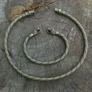lanseis 1pcs viking wolf bracelet Viking Wolf Head Fenrir Torc Neck Ring Ragnar Handmade Heavy Twisted Brass Wire Pagan Norse