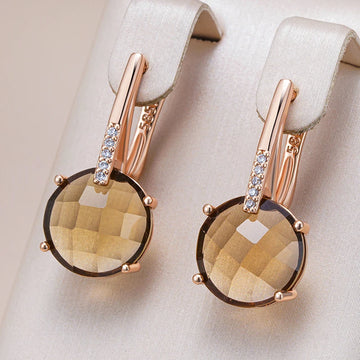Kinel Fashion Round Light Brown Natural Zircon English Earrings for Women Simple 585 Rose Gold Color High Quality Daily Jewelry
