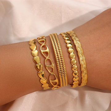 E.B.belle Adjustable Stainless Steel Open Cuff Bangles Bracelets For Women Fashion Heart Round Braid Gold Plated Bangle