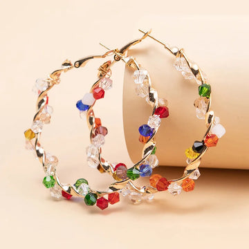 Random Colorful Crystal Hoop Earrings for Women New Fashion Big Round Circle Statement Earrings Wedding Party Bohemian Jewelry