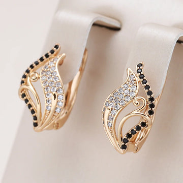 Kinel New 585 Rose Gold Color Bling Black Natural Zircon Leaf Earrings Elegant Wedding Jewelry Fine Daily Women Earrings