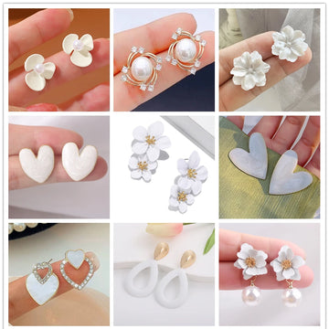 Lovely White Color Flower Dangle Earrings for Women Heart Flower Round Leaf Triangle Pearl Bowknot Wedding Jewelry Brincos Gift