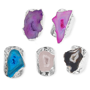 Irregular Geode Stone Agate Slices Open Ring for Women Girls Silver Color Boho Resizable Finger Jewelry