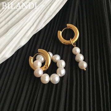 Bilandi Asymmetric Natural Freshwater Pearl Earrings 2022 New Trend Double Circle Dangle Earrings French Unusual Drop Earrings