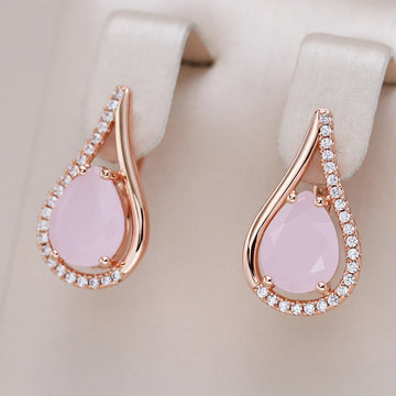 Kinel Hot Pink Natural Zircon Water Drop Earrings For Women Luxury 585 Rose Gold Color Bride High Quality Daily Fine Jewelry