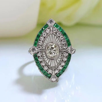 Anti-fade Exquisite Emerald Faux Gemstone Finger Ring Fine Jewelry Gift Engagement Ring Two-tone for Anniversary