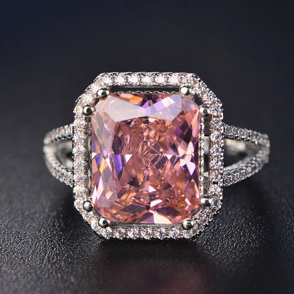Fashion square pink crystal zircon diamond gemstones rings for women 18k white gold silver color jewelry bijoux bague party gift