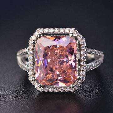 Fashion square pink crystal zircon diamond gemstones rings for women 18k white gold silver color jewelry bijoux bague party gift