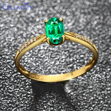 Cellacity 925  silver ring with green oval emerald gemstone  gold color silver jewelry open adjust size woman party gift