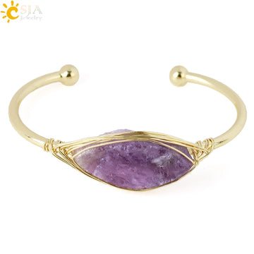 CSJA Gem Stone Open Cuffs Bracelets Crystals Natural Stones Bangles Gold Color Wire Wrap Bracelet for Friend Bijoux Femme G866