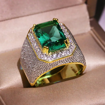 HOYON Dropshop 14K Yellow Gold Color Natural Emerald Ring for Men Green Gemstone AAA Zircon Jewelry Setting Ring Free Shipping