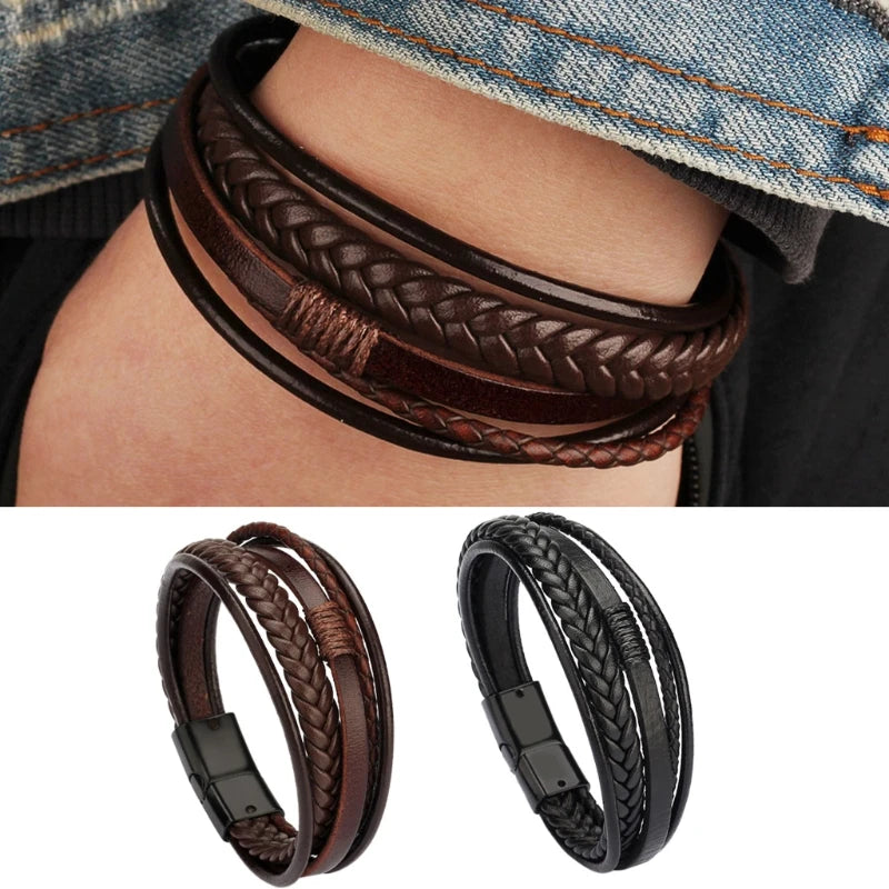 652F Mens Leather Bracelet with Magnetic Clasp Cowhide Multi-Layer Braided Leather Mens Bracelet Black and Brown Jewelry Gift