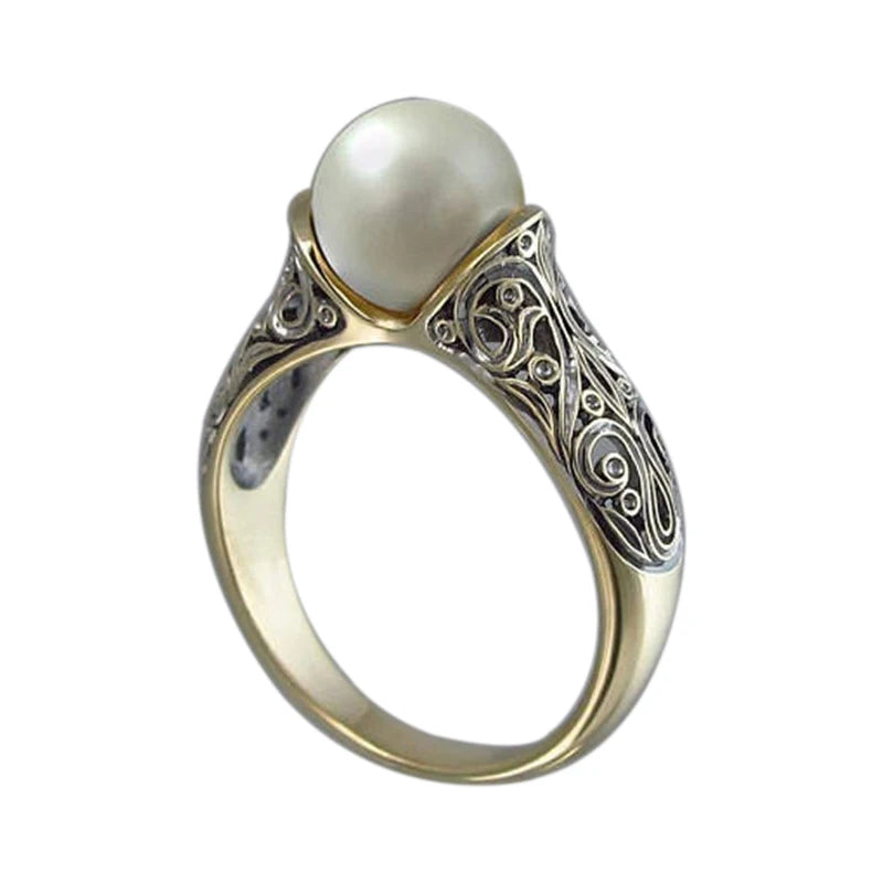 Fashion Imitation Pearl Ring Jewelry Elegant Vintage Pattern Wedding Ring for Women Accessories Party Women's Rings