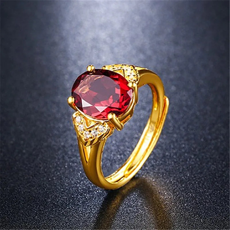 24K Gold Rings for Women Oval Red Imitated Gemstone Ring Rhinestone Wedding Engagement Anniversary Ring Jewelry Christmas Gift