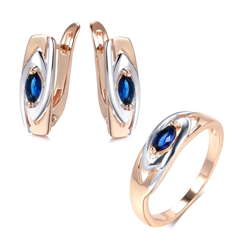 Kinel Luxury Blue Stone Earrings Ring Sets 585 Rose Gold Mixed Silver Natural Zircon Accessories Trendy Women Wedding Jewelry