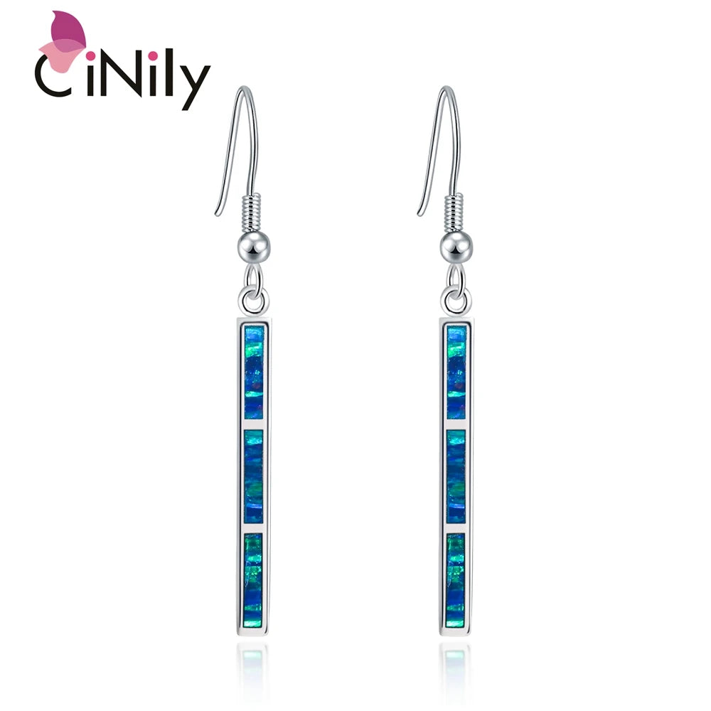 CiNily Created Blue Green Fire Opal Silver Plated Wholesale NEW Styel for Women Jewelry Dangle Earrings 1 7/8" OH4180-81