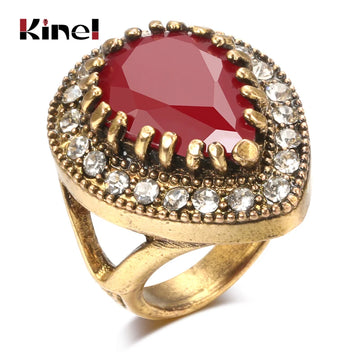 Kinel Hot-Selling Vintage Wedding Rings Antique Gold Big Water Drop Finger Rings For Women Boho Ethnic Engagement Jewelry