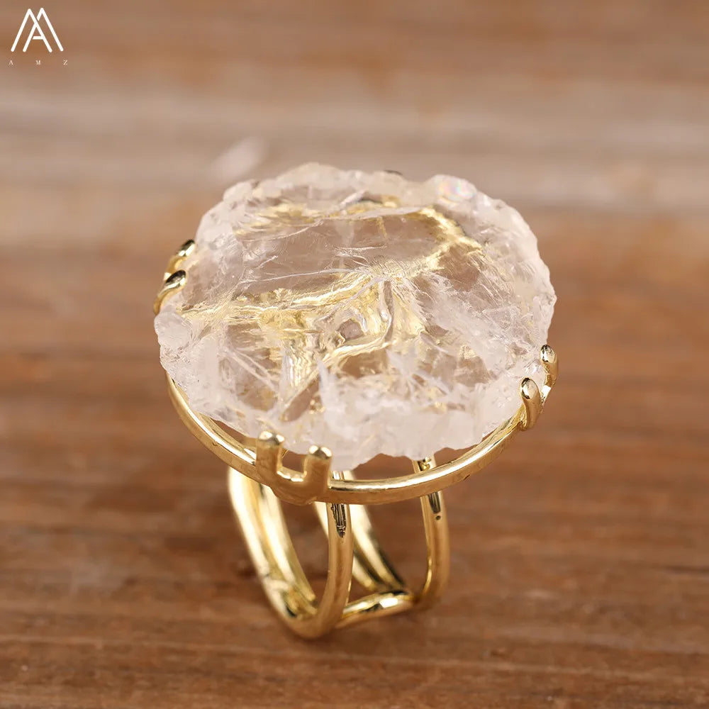 Natural White Quartz Crystal Gold Rings For Women Rough Gemstones Statement Rings Handmade Jewelry Gifts Dropship