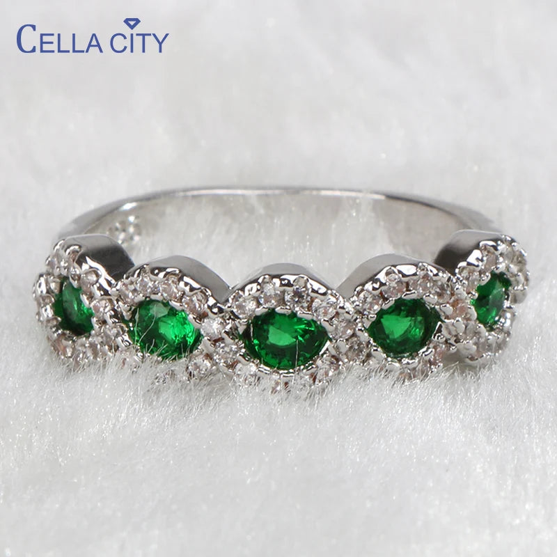 Cellacity Fashion Wave shaped Silver 925 Jewelry Emerald Ruby Ring for Women Round Gemstones Female Jewelry for Party Size5-11