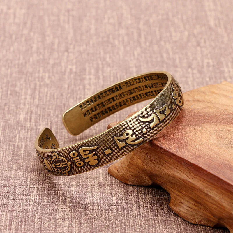 Nepal Handmade Vintage Brass Bracelet Six-word Mantra Men and Women Tibetan Buddhist Sutra Engraved Lucky Open Bangles Jewelry