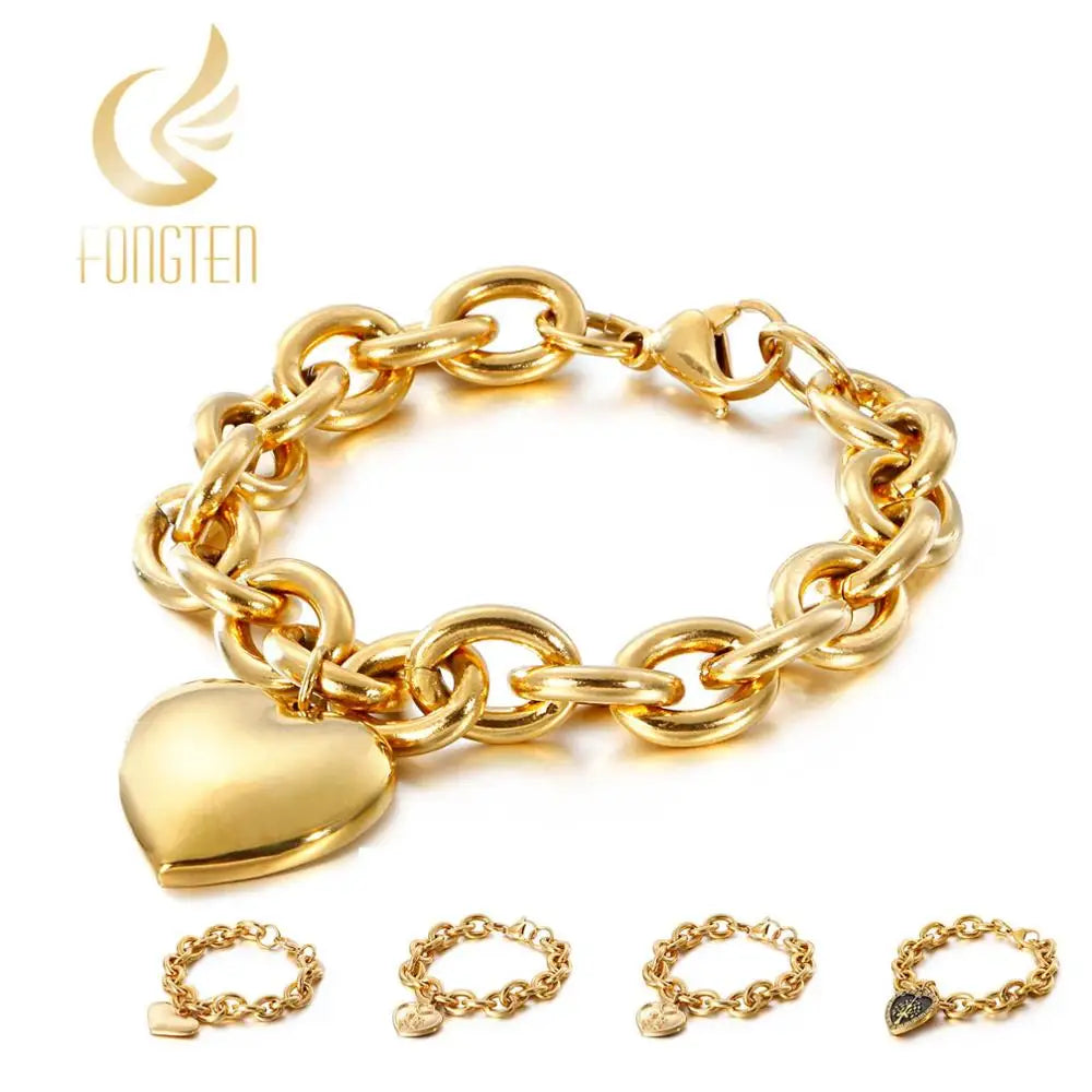 11mm Width Big Love Heart Charm Couple Bracelet Men Women Metal Link Chain Gold Color Trendy Jewelry