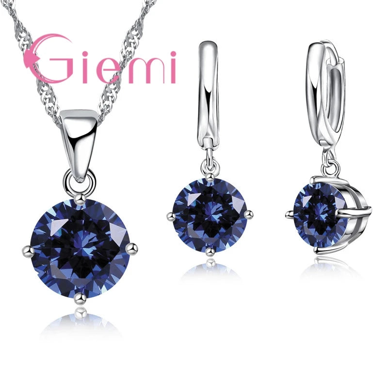 925 Sterling Silver Pendant Necklace Earrings For Women Engagement Fashion Jewelry Set Trendy Austrian Crystal Wholesale