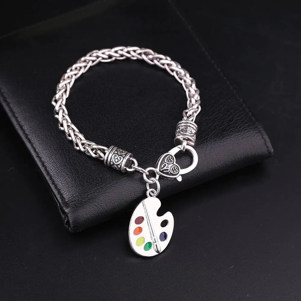 Skyrim Artist Paint Palette and Paint Brush Charms Wheat Chain Bracelet Silvery Tone Jewelry for Men/Women Gift for Painter