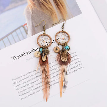 TopHanqi Bohemian Hollow Dream Catcher Leaf Feather Earrings For Women Indian Jewelry Blue Natural Stone Drop Dangle Earrings