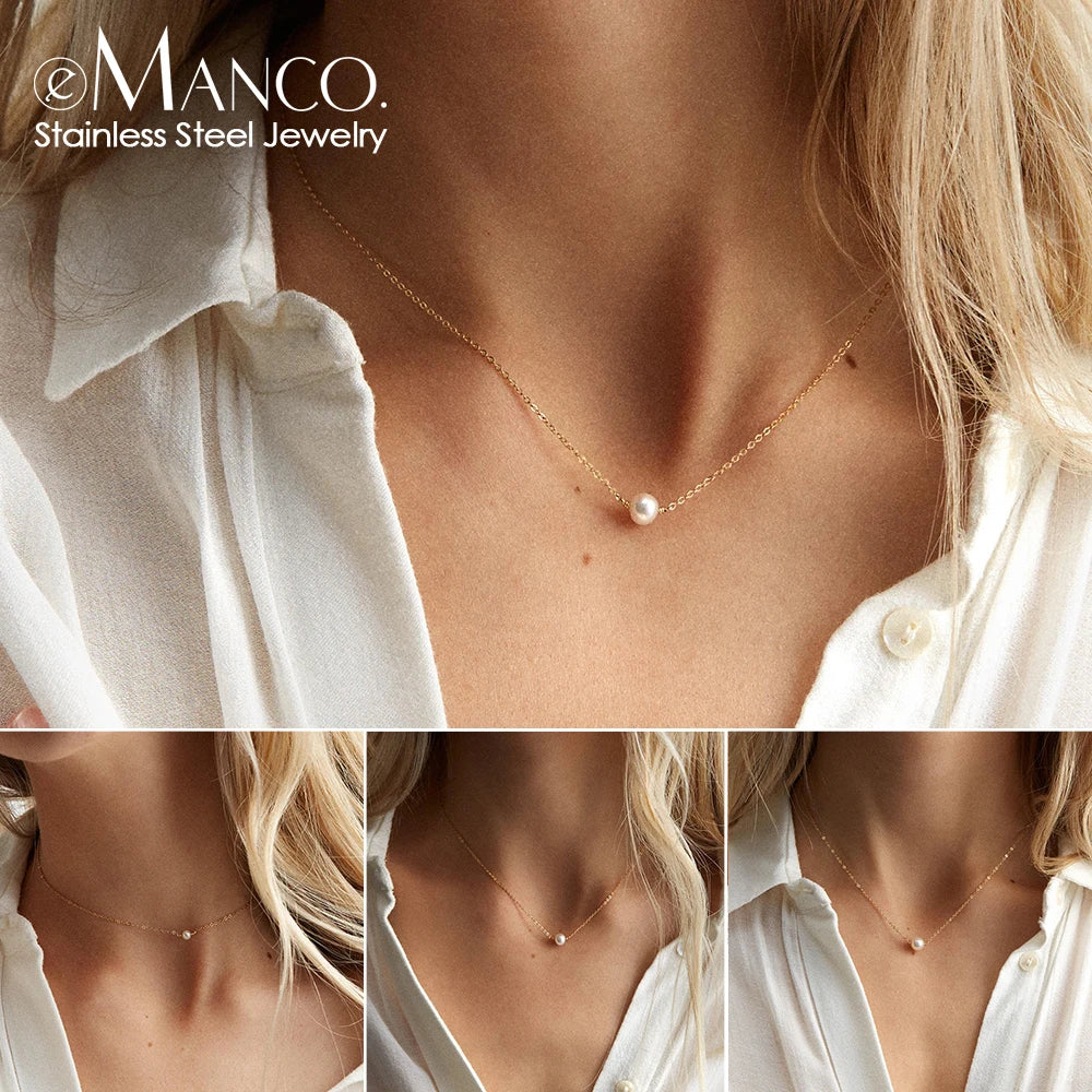 e-Manco Stainless Steel Choker imitated  Pearl Necklaces for Women Gold Color Layered Chain Necklace Jewelry