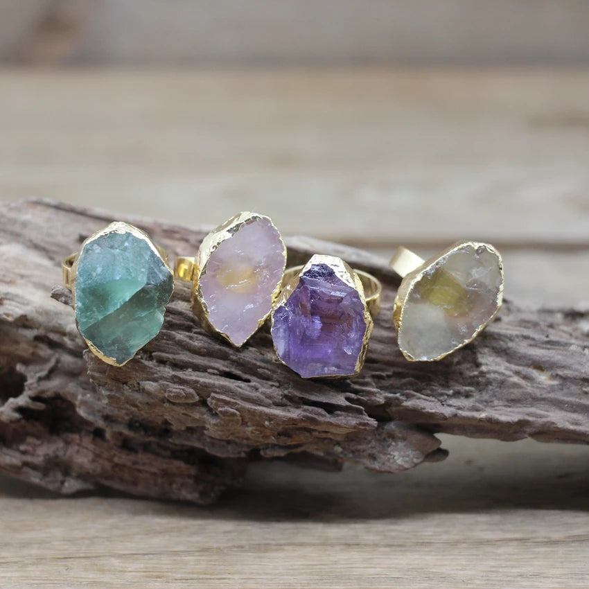 Raw Stone Gold Color Adjustable Rings Natural Fluorite Crystal Amethysts Citrines Fashion Band Ring Jewelry Dropshipping,QC4024