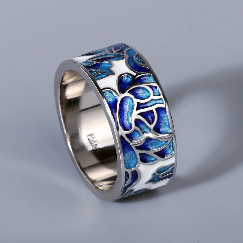 Classic Epoxy Enamel Blue Flower Ladies Ring 925 Silver For Ladies Jewelry Wedding Ring Bridal Jewelry Silver Ring