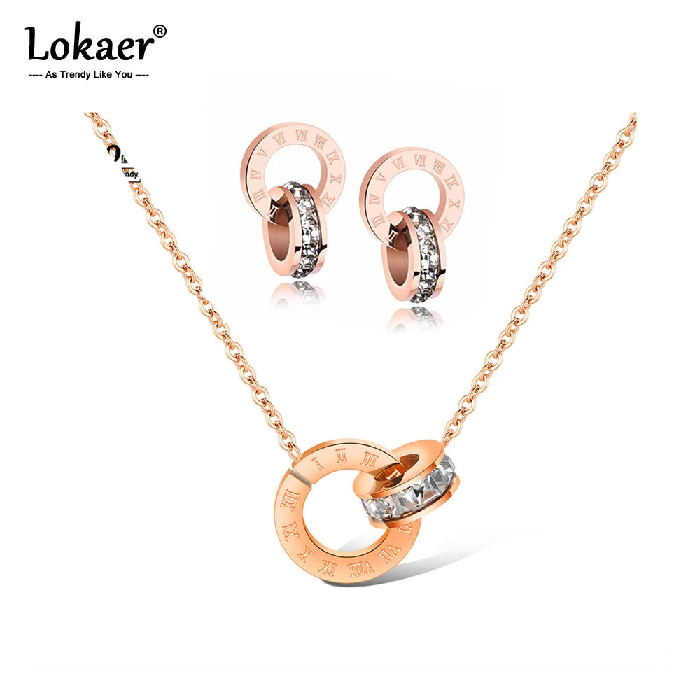 Lokaer Mosaic AAA CZ Crystal Double Circle Pendant Necklace & Stud Earrings Stainless Steel Wedding Jewelry Sets For Women SE002