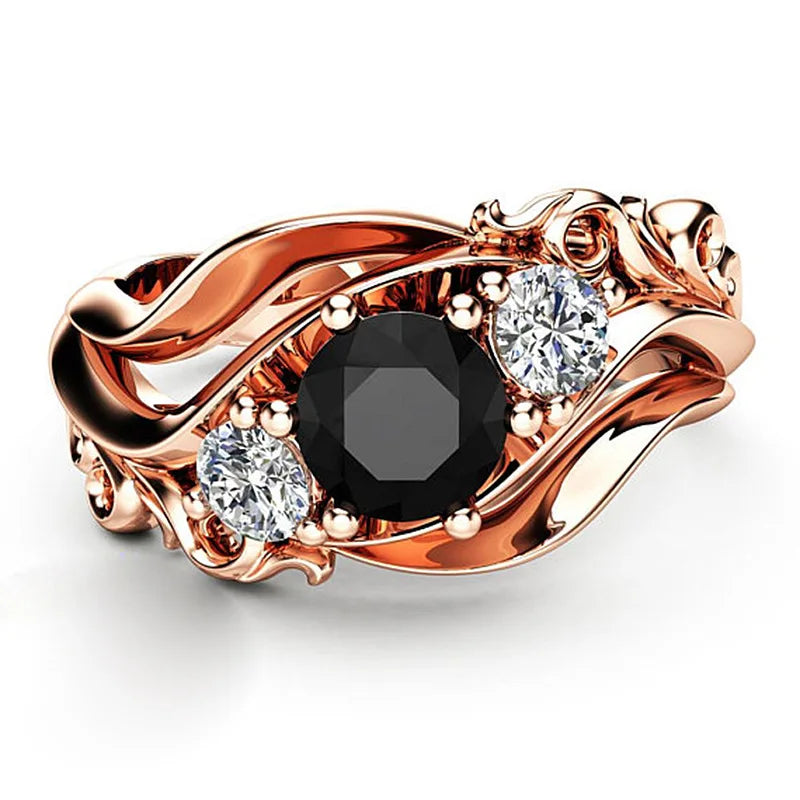 Huitan Witch Ring Unique Black Stone Prong Setting Twist Band Design Rose Gold Color Women Engagement Finger Rings Wholesale