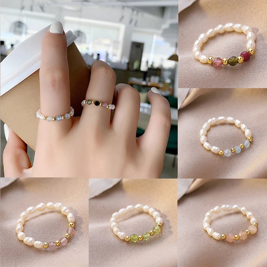 Natural Freshwater Pearl Multi-Color Bead Rings for Women Small Crystal Resin Beads Ring Circle Minimalist Stacked Party Rings