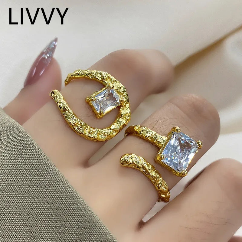 LIVVY Silver Color Simple Irregular Hollow Geometric Crystal Zircon Ring Female Fashion Temperament Hip-hop Classic Gift