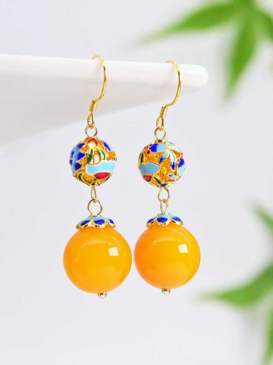 All-Match Original Lotus Cloisonne Earrings Canary Stone