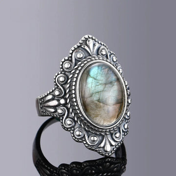 Oval Natural Labradorite Rings for Women Men 925 Sterling Silver Ring Finger Ring Retro Gemstone Rings Jewelry Party Gift