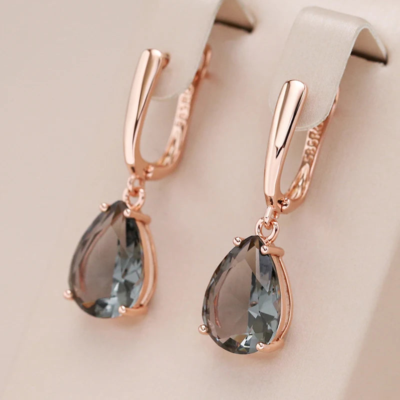 Kinel New Grey Crystal Long Water Drop Dangle Earrings Women 585 Rose Gold Color With Natural Zircon High Quality Daily Jewelry