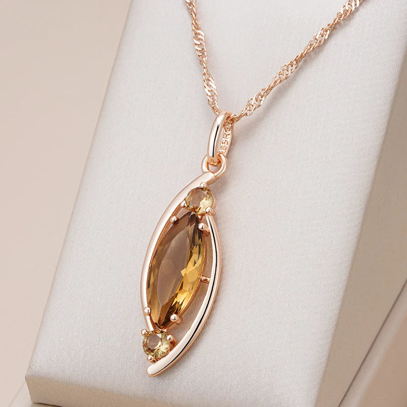 Kinel Hot Light Brown Crystal Pendant Necklace for Women 585 Rose Gold Color With Natural Zircon High Quality Daily Fine Jewelry