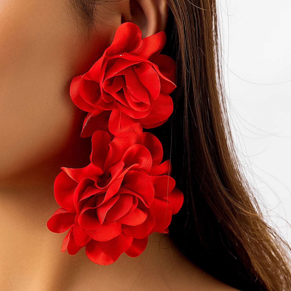 Exaggerated Red Petal Flower Drop Earrings for Women Boho Handmade Long Tassel Rose Fairy Dangle Earrings Aesthetic Jewelry New