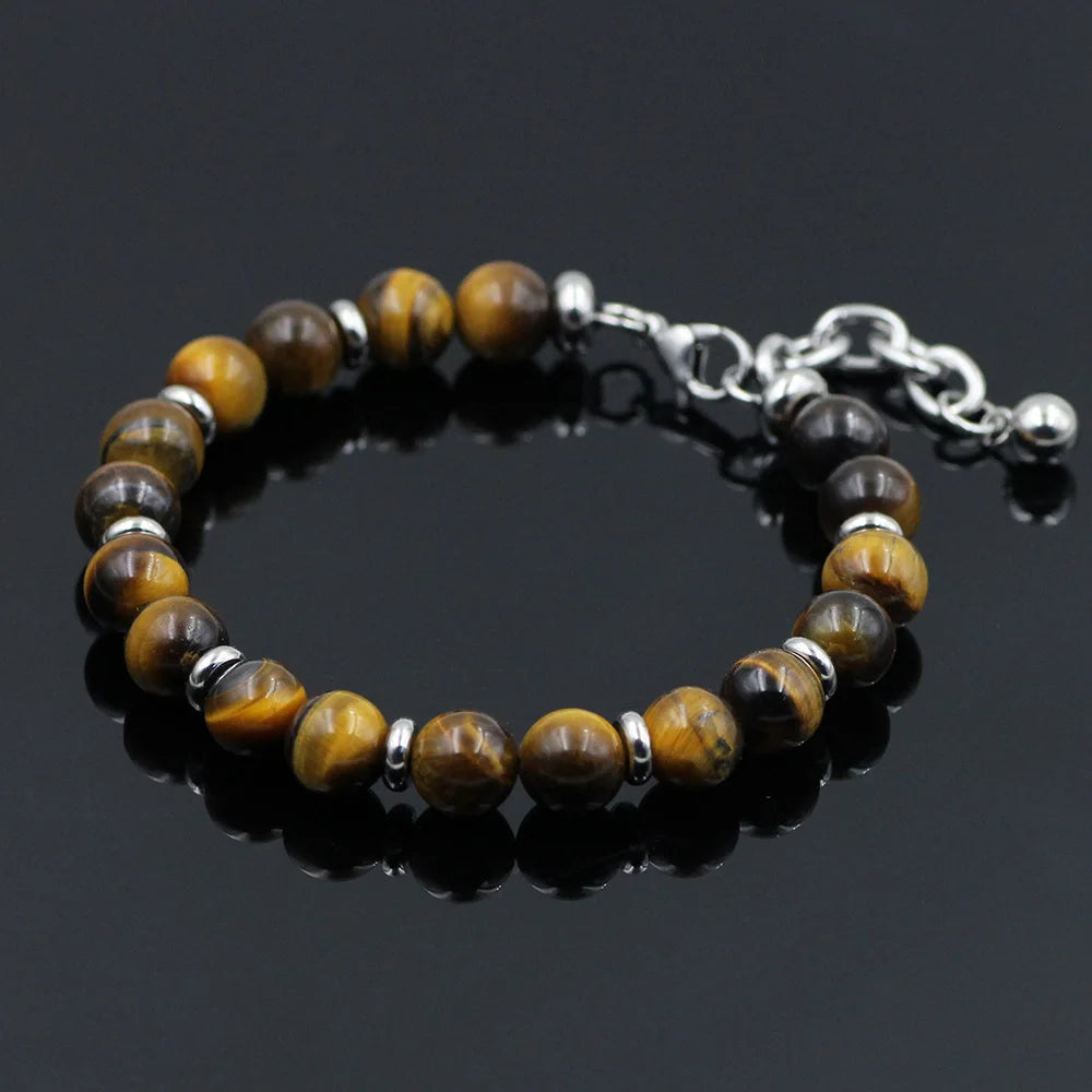 8mm Tiger Eye Beads Stainless steel Chain Colorful Natural Stone Strand Bracelets Men Women Charm Bracelet Male Jewelry Gifts