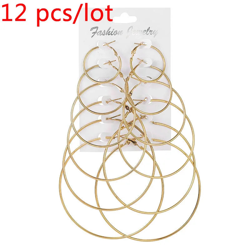 12pcs/lot Women's Hoop Earrings Gold Color Round Large Earrings Set Brincos Loop Earrings new pendientes para novia