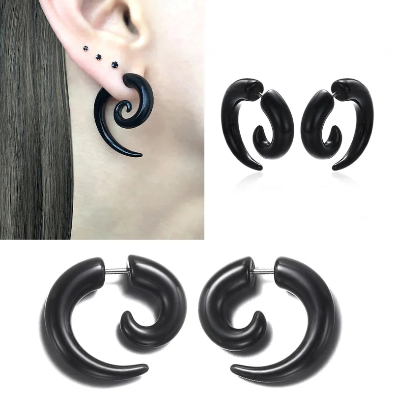 Fashion Black Horn Earrings For Women Hip-hop Acrylic Ear Stud Stainless Steel Anti-Allergies Earrings Gothic Spiral Ear Jewelry