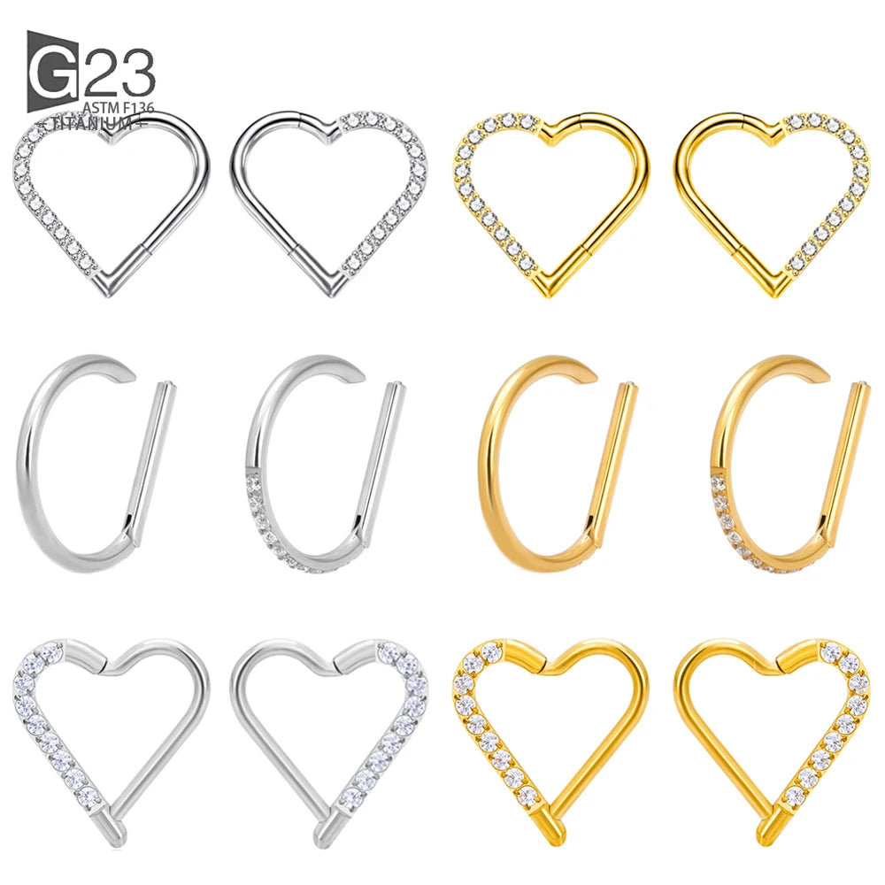 ASTM F-136 Titanium Nose Ring Daith Heart Earring Hoop Cartilage Tragus D Shape Helix Rings Hinged Segment Hoop with Clear CZ