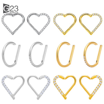 ASTM F-136 Titanium Nose Ring Daith Heart Earring Hoop Cartilage Tragus D Shape Helix Rings Hinged Segment Hoop with Clear CZ