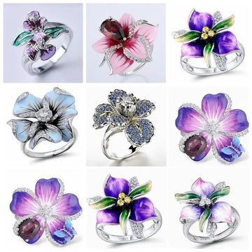 Cherry Blossoms Big Flower Ring For Women Purple Pink Flower Design Trendy Ring Ladies Exaggerated Brand Jewelry Ring