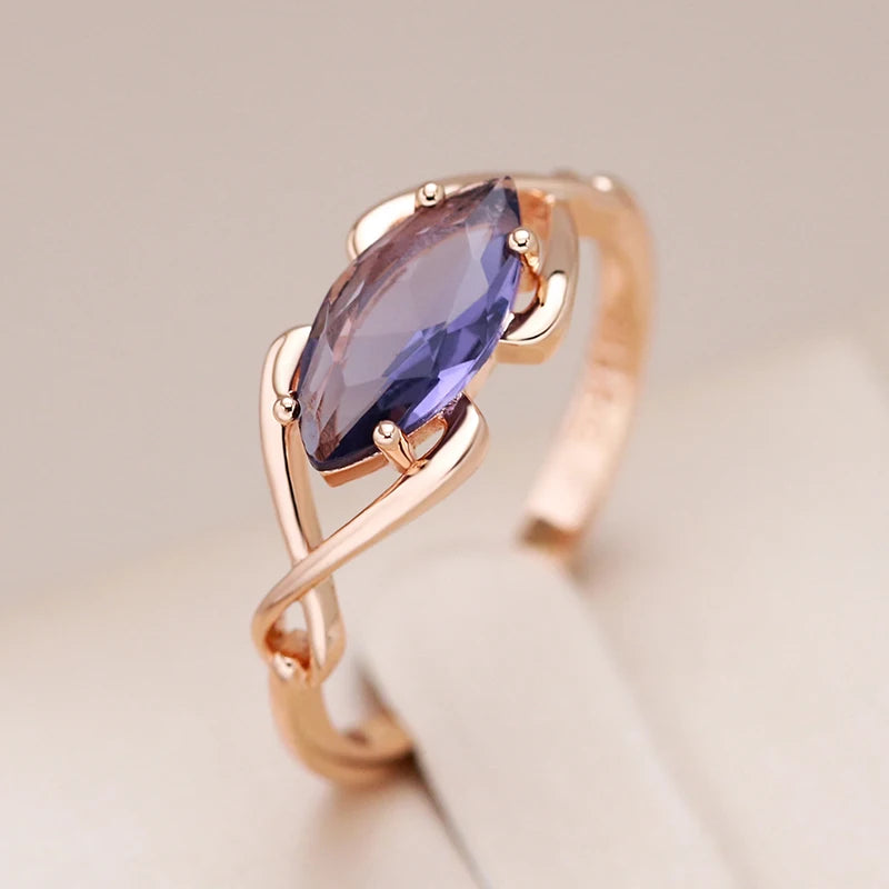 Kinel Sparkling Rhombus Purple Natural Zircon Rings for Women Luxury Unusual 585 Rose Gold Color Party Daily Jewelry 2023 New