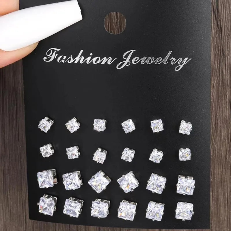 Six Claw Crystal Zircon Earrings Inlaid with Colorful Diamonds, Fashionable 12 Pair Combination Card Earrings