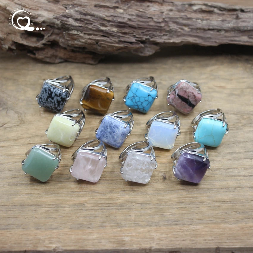 Square Cabochon Natural Stone Ring Lemon Jades Rhodonite Sodalite Turquoises Resizable Finger Rings Women Fashion Jewelry,QC4058