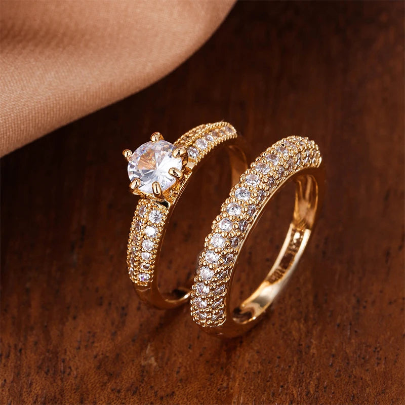 2 PCs Luxury Zircon Eternity Band Rings Set For Women Round Gold Color Ring Girls Party Wedding Engagement Jewelry Gift